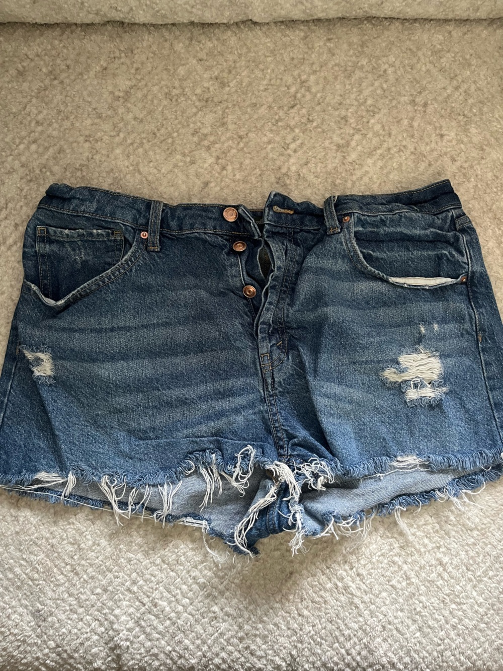 High-Rise Distressed Denim Shorts - Dark Blue